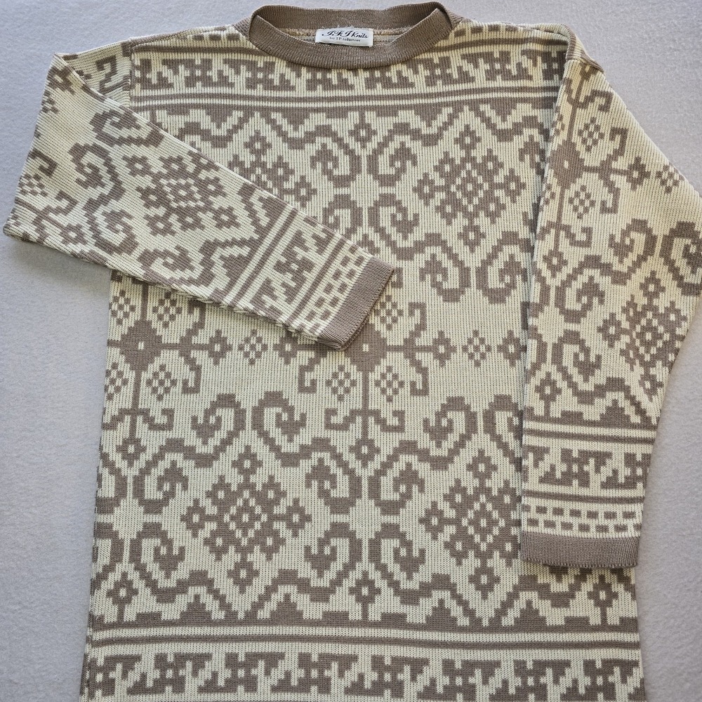 IFI Knits Vintage 80s Sweater M Geometric Nordic Fair Isle Earth Tone Knitwear - Picture 2 of 11